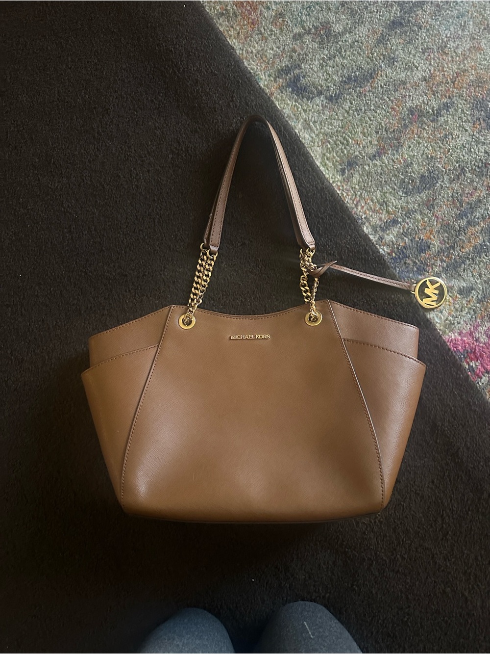Michael Kors Tan Saffiano Leather Tote with Gold Chain Trim